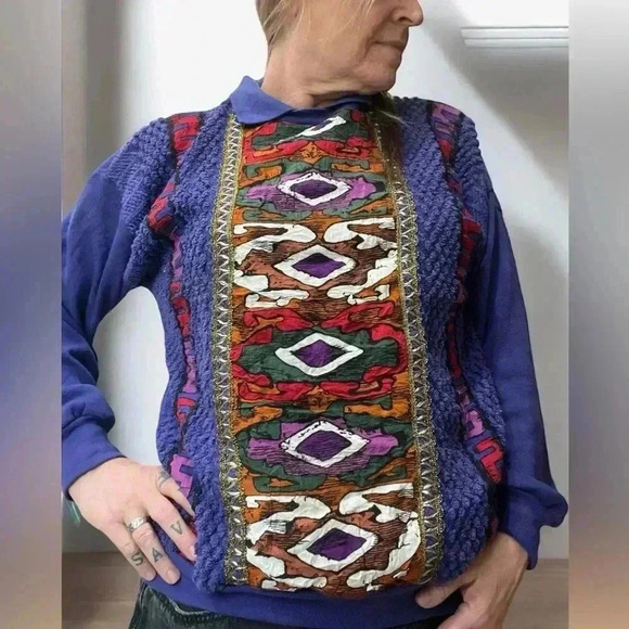 1980s VTG purple coogi style Southwest Aztec abstract purple hip hop sweater-L - Picture 3 of 9